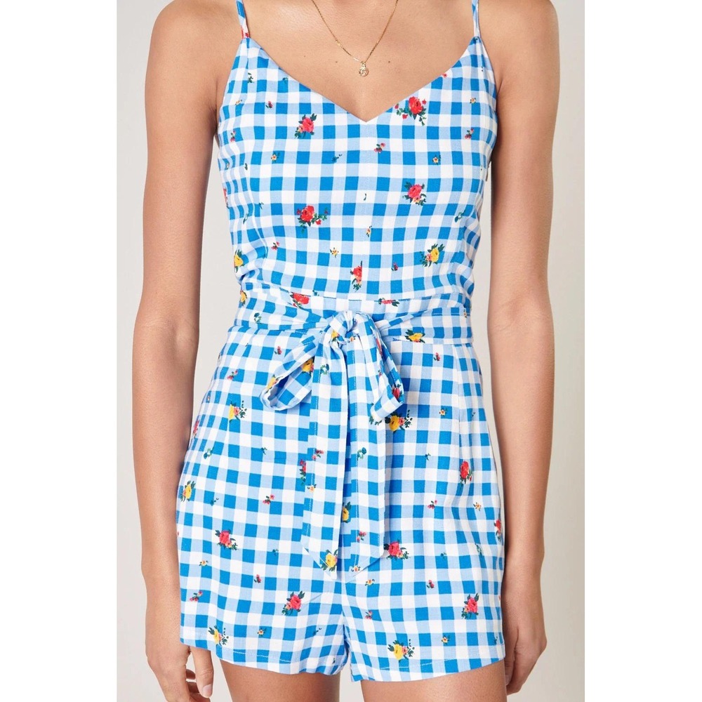 Sugarlips Dorothy Rosebud Gingham Tie Romper M Blue White Rose Tie Waist NWT